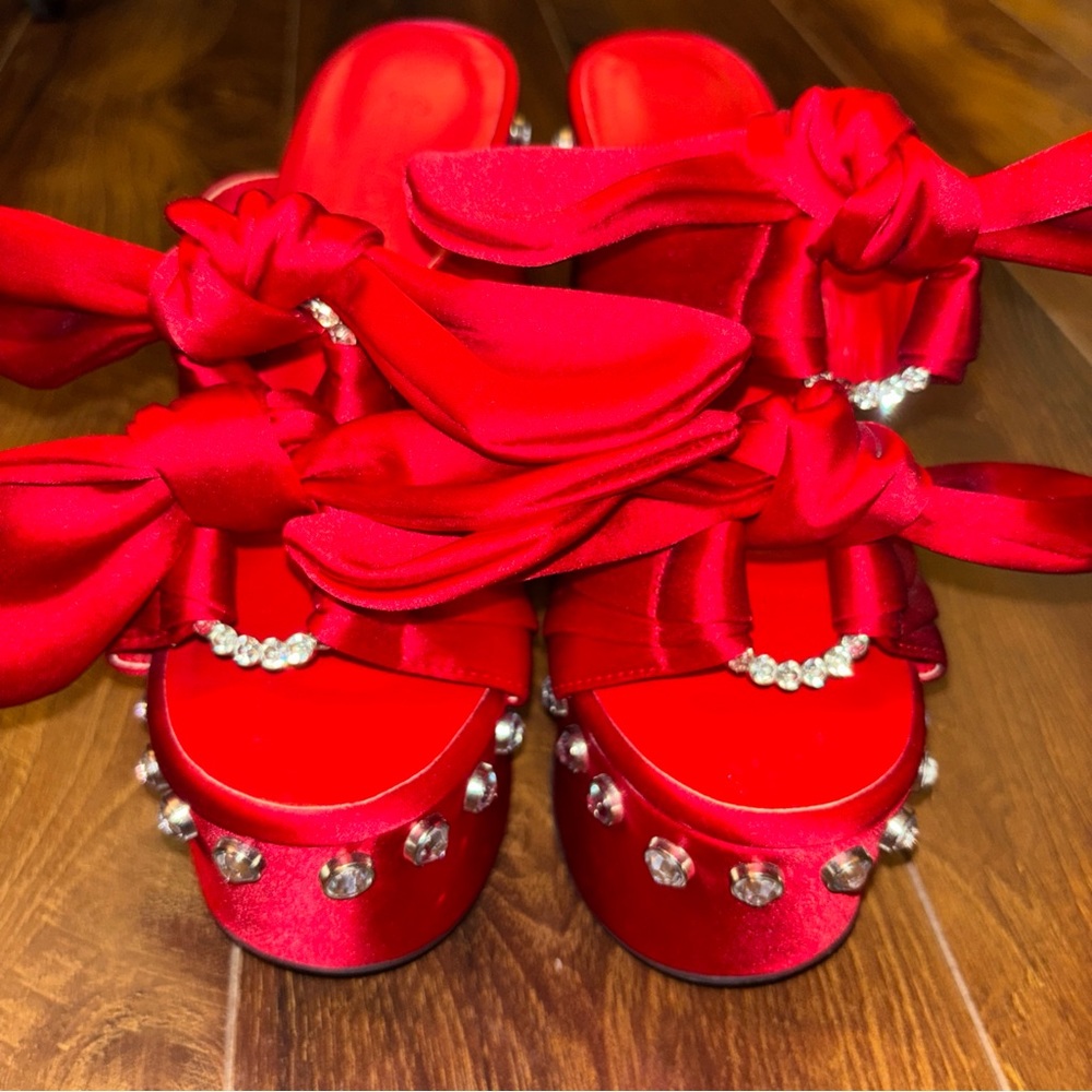 Sugar Thrillz Red Satin Platform Heels with Rhinestone Accents